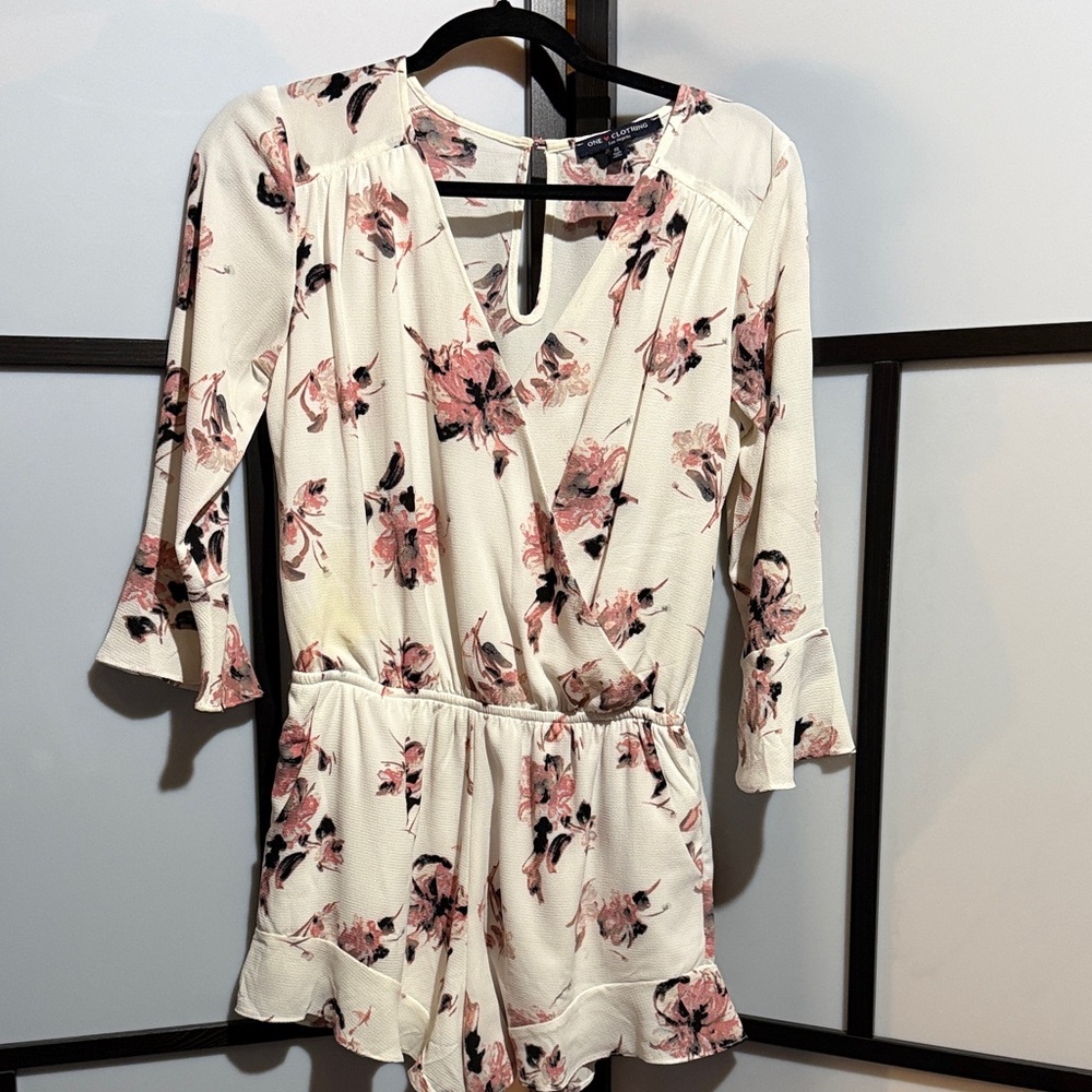Floral Cream Surplice Romper with Pink Accents